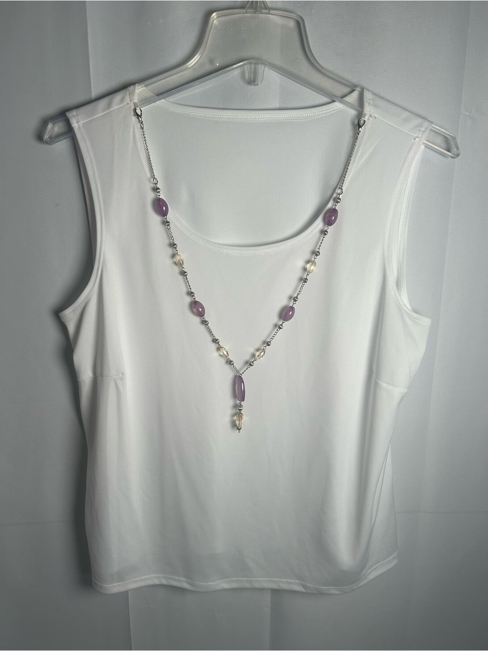 Delicate Lavender Bead Y-Necklace for Women With White Tank Top